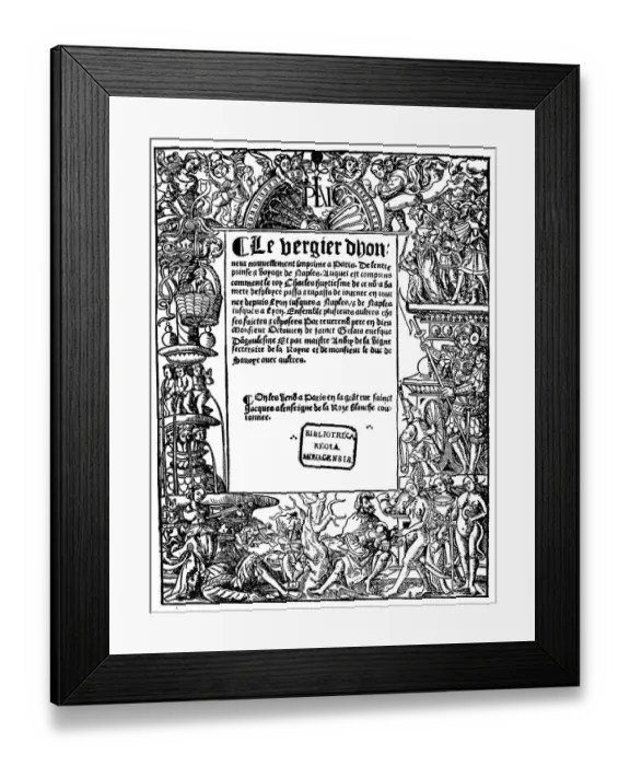 Framed Print : Title page of a book, framing, illustration of the legend of Virgil's revenge and the verdict of Paris