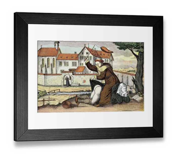 Framed Print : Satirical copper engraving on the vices of the monks Framed Print : Satirical copper engraving on the vices of the monks