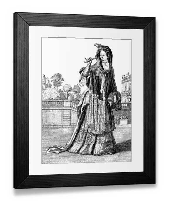 Framed Print : Posh woman with a dress with a trail and a fontagne Framed Print : Posh woman with a dress with a trail and a fontagne