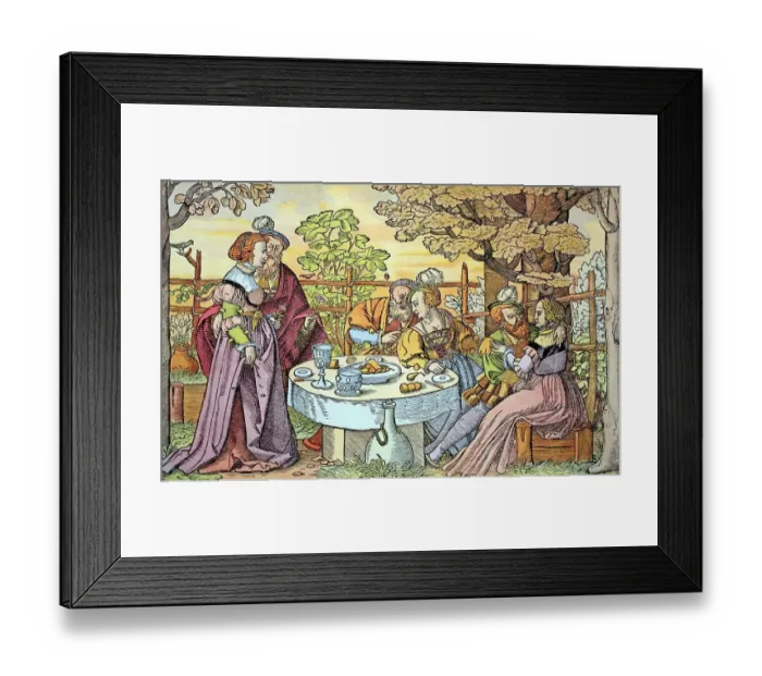 Framed Print : Courtships, colored woodcut by H