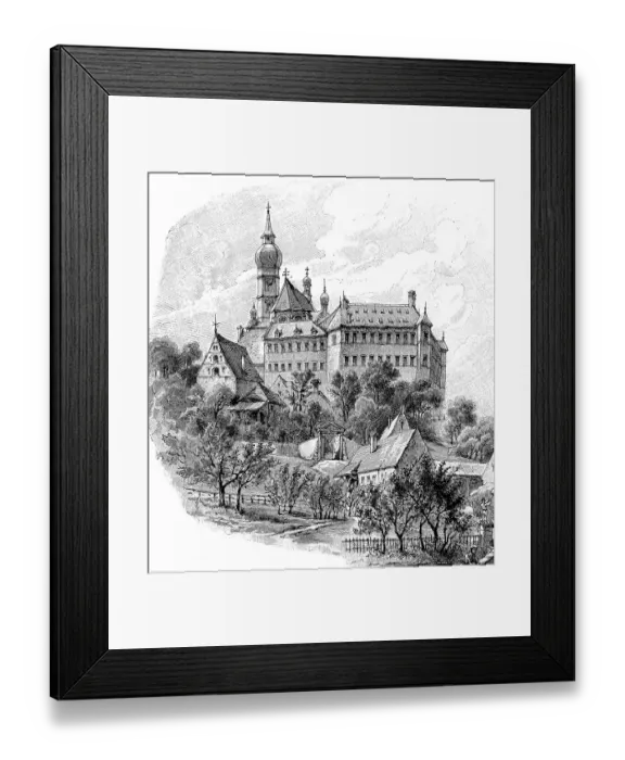 Framed Print : The monastery Andechs, reproduction of a woodcut publication from the year 1888