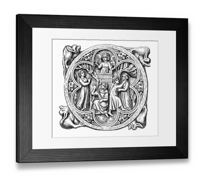 Framed Print : Representation of Frau Minne on an ivory-colored mirrored cube from the 13th to 14th centuries