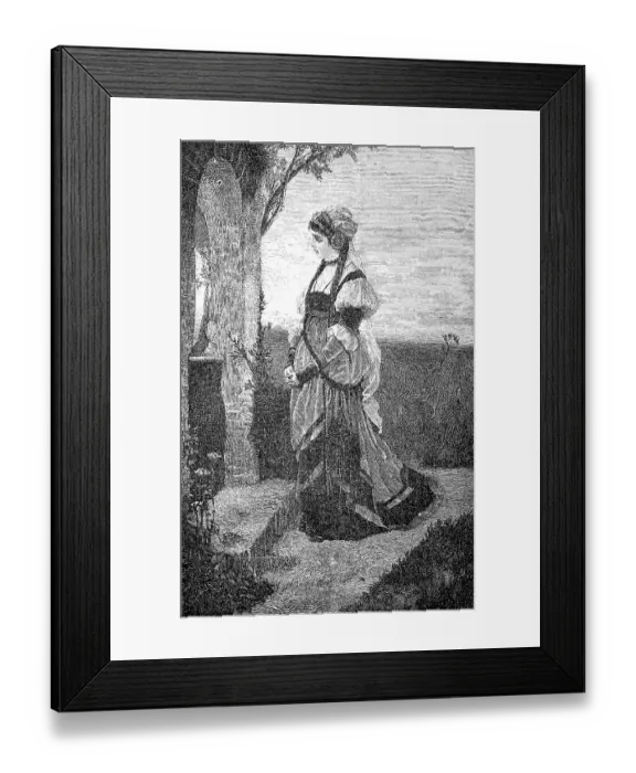 Framed Print : Woman stands in front of a small field chapel and prays Framed Print : Woman stands in front of a small field chapel and prays