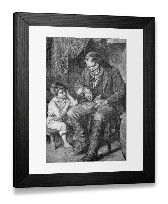 Framed Print : In the fishing village, an old fisherman cuts a boat for a small boy
