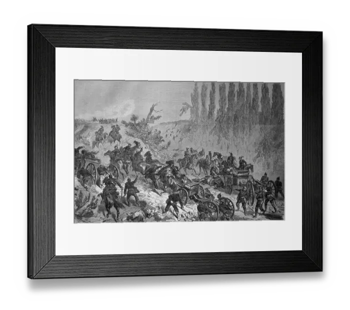 Framed Print : Prussian soldiers and horse teams with guns force the steep climb to the heights at Spichern on 6th August