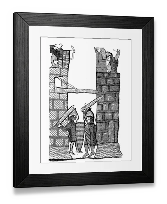 Framed Print : Illustration of a road and fortress battle in an Italian city Framed Print : Illustration of a road and fortress battle in an Italian city