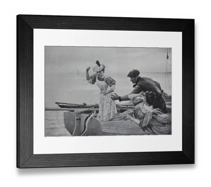 Framed Print : Two women and one man in a fishing boat while fishing