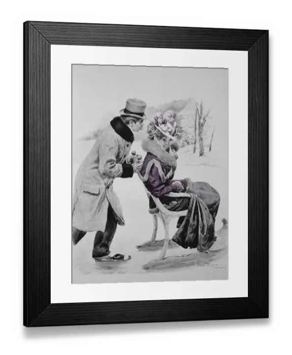 Framed Print : Man with skates slides his wife on a chair sled across the ice