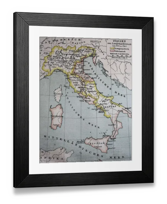 Framed Print : Map of Italy in the Longobard Period around 650