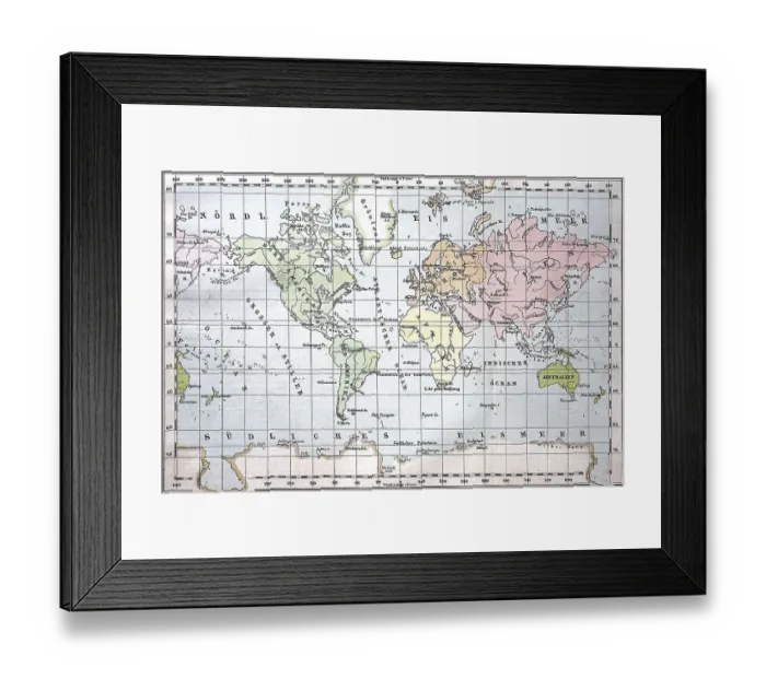 Framed Print : Earth map in Mercator projection from the year 1880