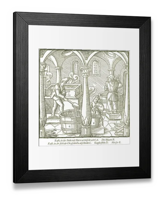 Framed Print : Preparation of soda, historical account from Georgius Agricola
