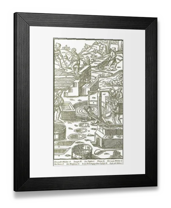 Framed Print : Extraction of alum from water, historical account from Georgius Agricola