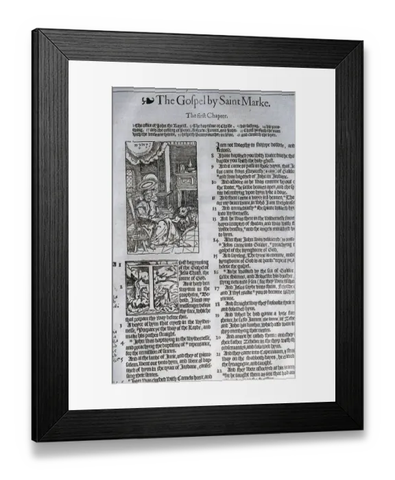 Framed Print : Text of Mark Ch 1 from the 1572 Bishops Bible English translation