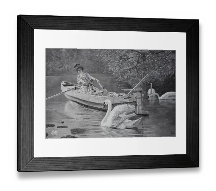 Framed Print : A swan pursues an elegant lady sitting in a rowing boat and picking water lilies