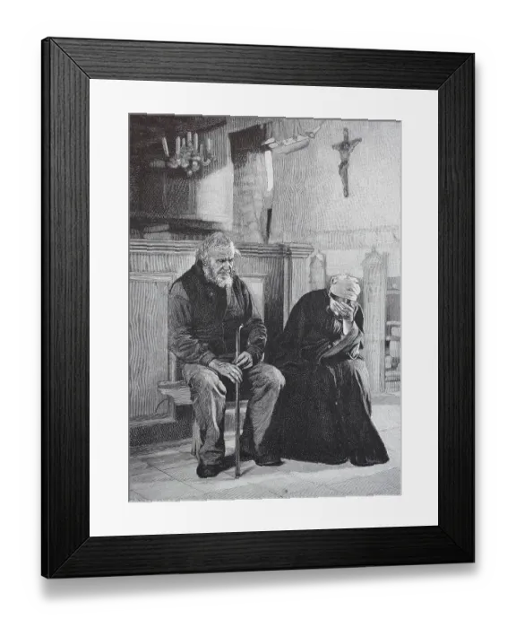 Framed Print : In deep mourning, two grieving old people in church