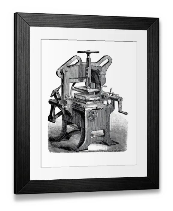 Framed Print : Bookbinding machines 1890: Three-sided trimming machine Framed Print : Bookbinding machines 1890: Three-sided trimming machine