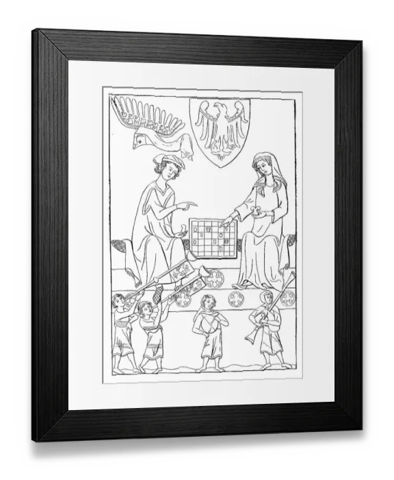 Framed Print : Costumes around 1300, below player with striped colours on the skirt