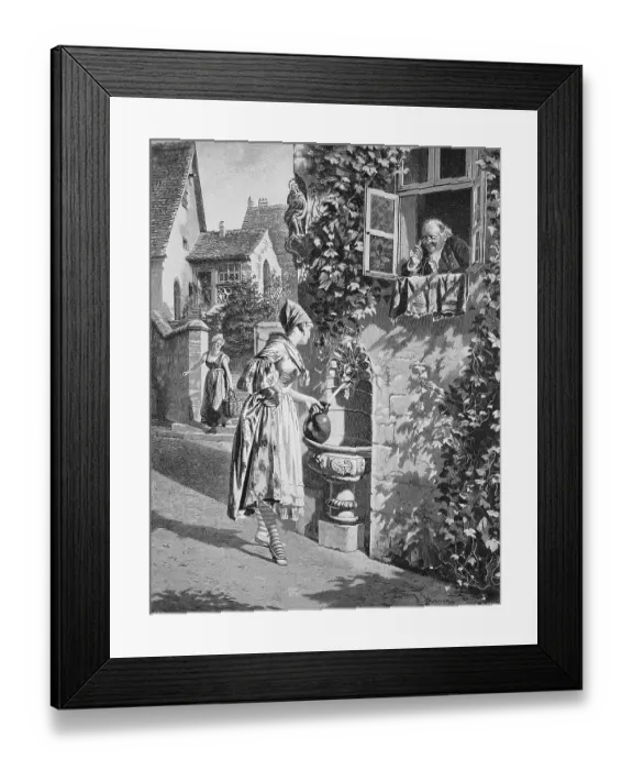 Framed Print : At the fountain, young woman fetching water from a public watering place with a jug Framed Print : At the fountain, young woman fetching water from a public watering place with a jug