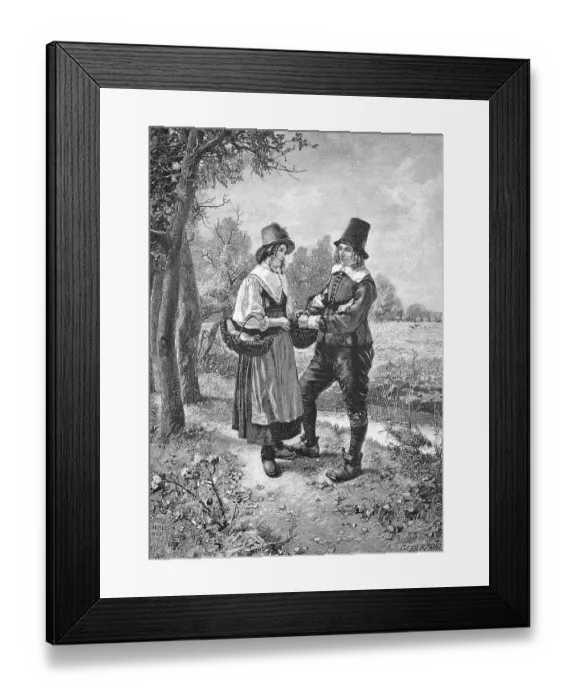 Framed Print : Desired Encounter, young man has met a young woman on the way to the market and they are talking