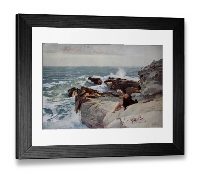 Framed Print : Evening by the Sea, Young Man with a Large Shell Sitting on the Shore Framed Print : Evening by the Sea, Young Man with a Large Shell Sitting on the Shore