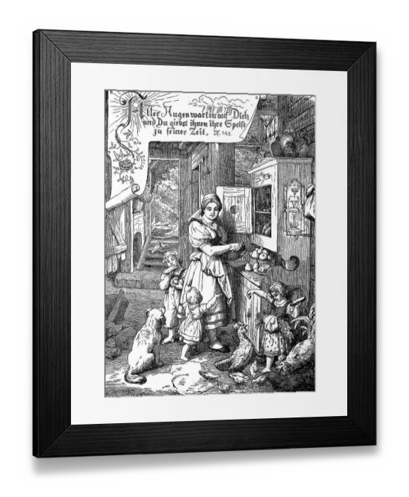 Framed Print : Family with children and pets in the kitchen
