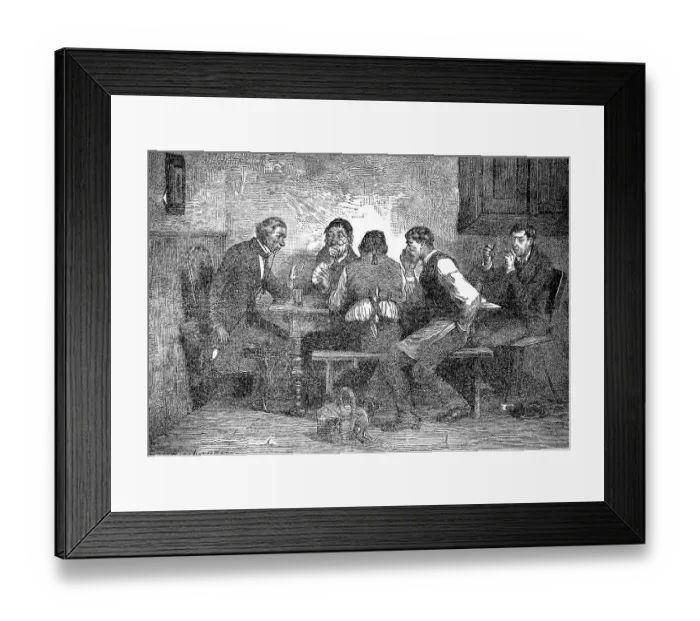 Framed Print : Regulars table, men drinking beer and politics