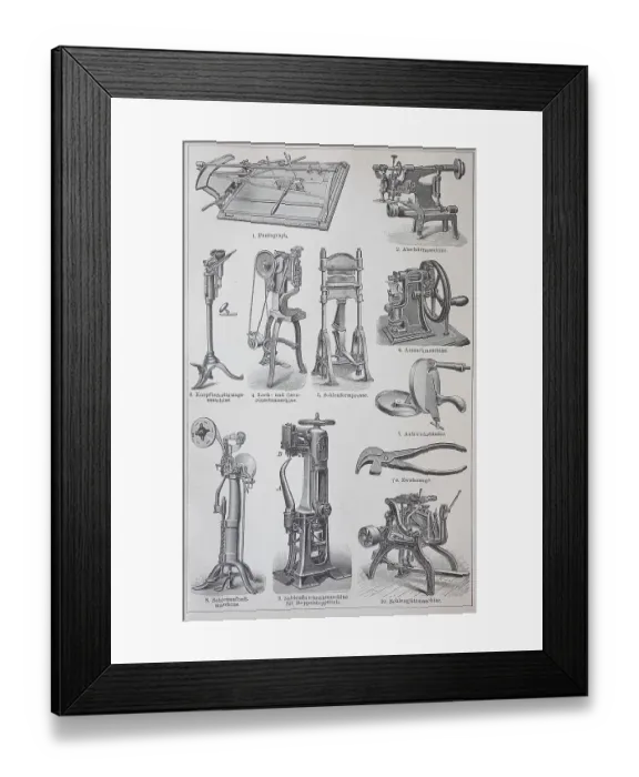 Framed Print : Various machines for the production of shoes