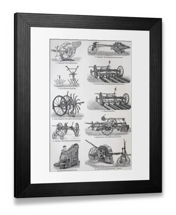 Framed Print : Agriculture, various machines for the cultivation and harvesting of potatoes Framed Print : Agriculture, various machines for the cultivation and harvesting of potatoes