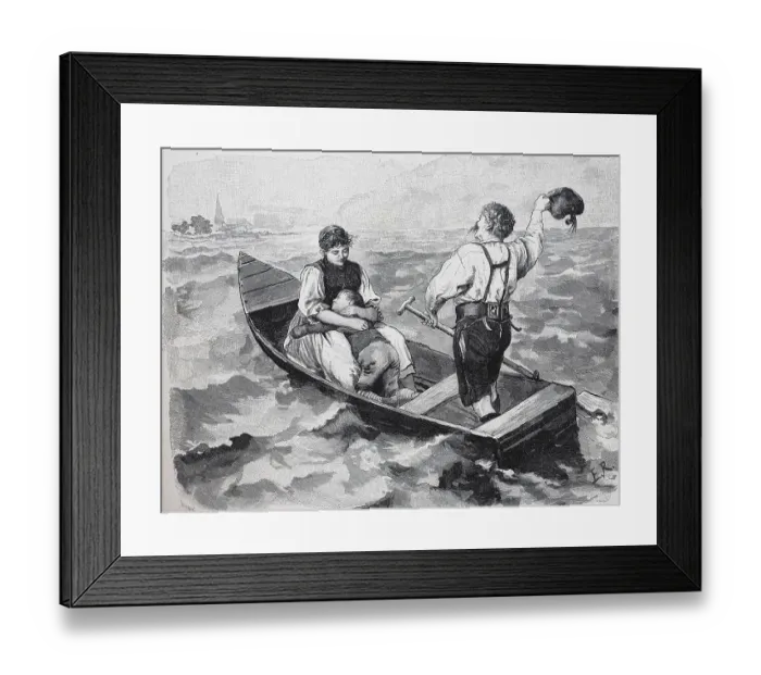 Framed Print : Couple with child crossing the lake in a barge