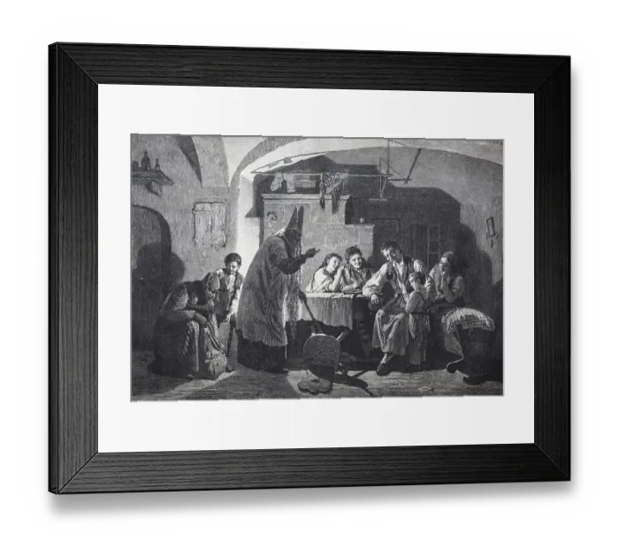 Framed Print : St. Nicholas visits the family and asks the child if he is well and he can give him nuts Framed Print : St. Nicholas visits the family and asks the child if he is well and he can give him nuts