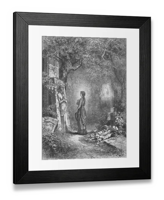 Framed Print : Mento mori, woman standing in the cemetery in front of a coffin slab