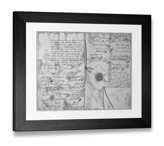 Framed Print : The last two pages of the First Pilsener Schlussen with the signatures of Wallenstein's 49 officers