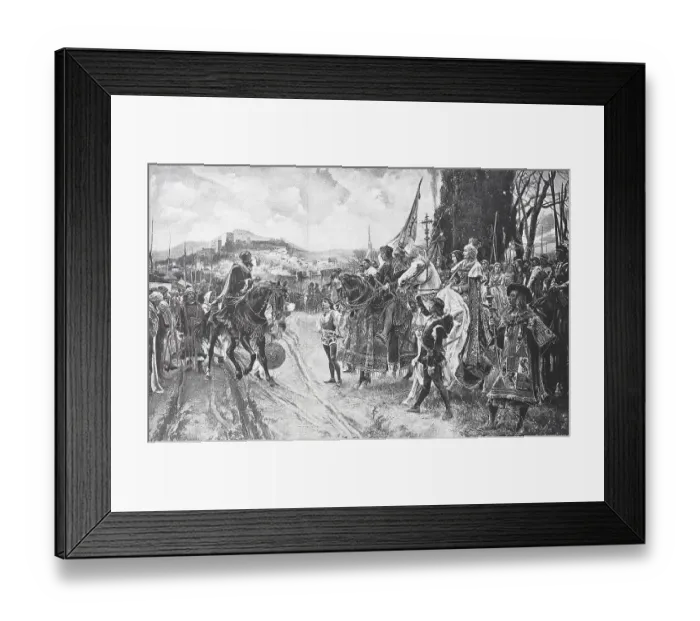 Framed Print : Muhammad XII. Boabdil, surrenders Granada to King Ferdinand the Catholic on 2 January 1492