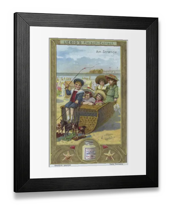 Framed Print : Picture series Am Strande, children in a wicker carriage with a wooden horse in front of it Framed Print : Picture series Am Strande, children in a wicker carriage with a wooden horse in front of it