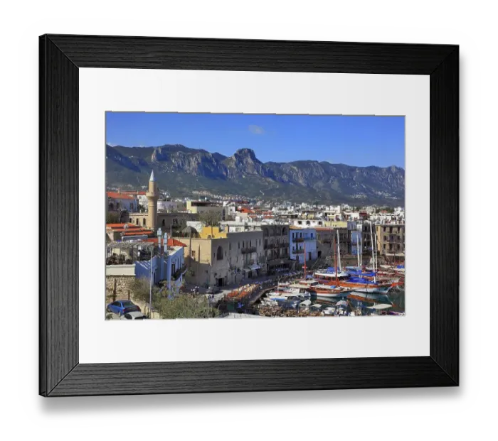 Framed Print : Girne, Kyrenia, harbour town, view of the harbour and the old town and the Pentadaktylos Mountains