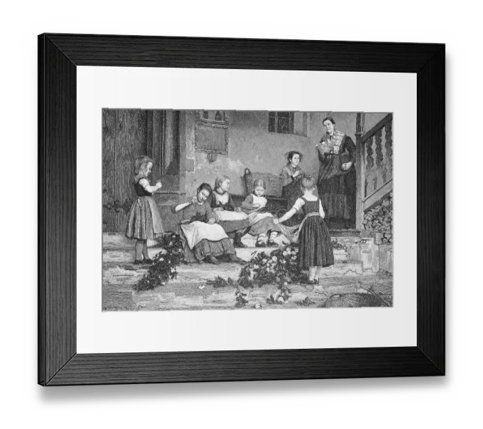 Framed Print : Preparations for the festival, children tying flower garlands