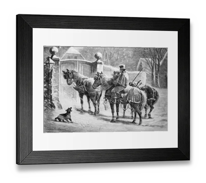 Framed Print : The postman stands in the snowstorm with his horses in front of a closed gate Framed Print : The postman stands in the snowstorm with his horses in front of a closed gate