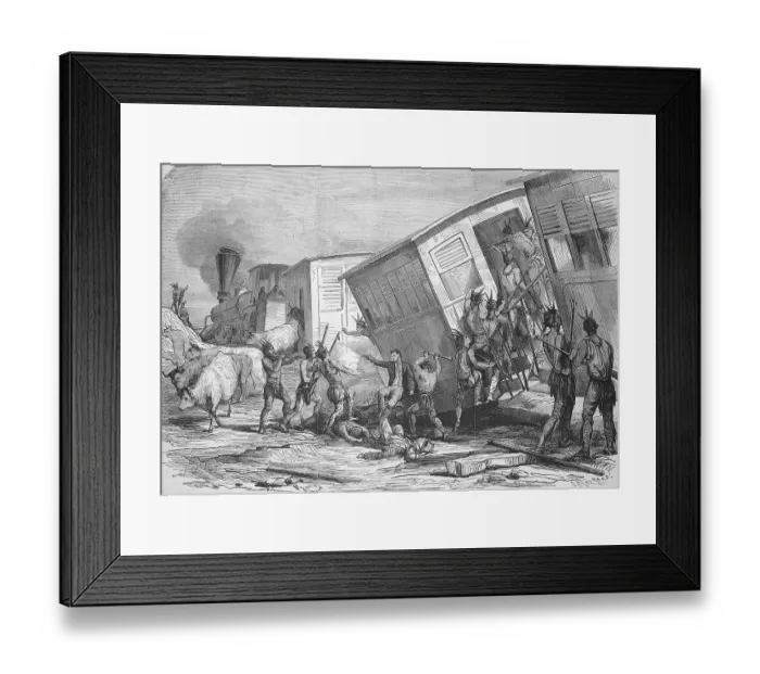 Framed Print : Sioux Indians attacking a train on the Pacific Railroad line in the western United States Framed Print : Sioux Indians attacking a train on the Pacific Railroad line in the western United States