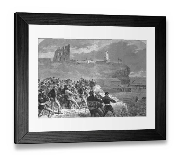 Framed Print : The Tynemouth brigade of volunteer rescue workers practising manoeuvring the rescue gondola