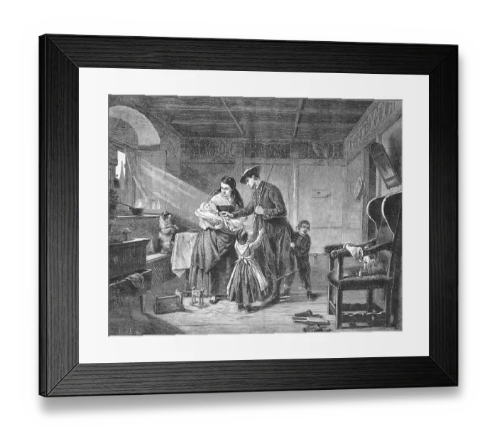 Framed Print : The Return Home, the father returns from a long journey and is greeted by the family