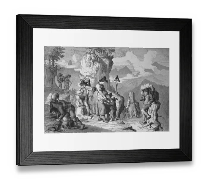 Framed Print : Goods carriers taking a break, on the way on an alpine pass in Tyrol in 1869