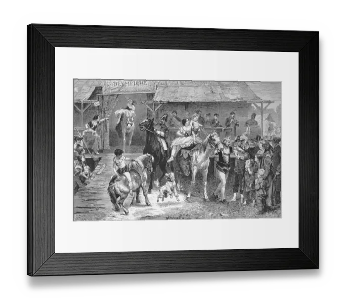 Framed Print : Parade in front of the circus, horses and acrobats amuse children and adults