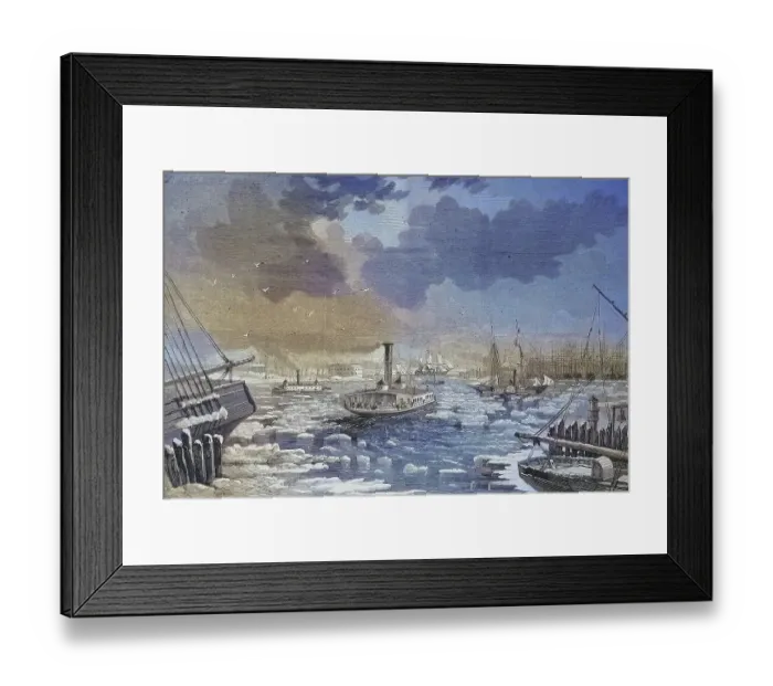 Framed Print : Pack ice obstructs shipping traffic in New York harbour in 1869 Framed Print : Pack ice obstructs shipping traffic in New York harbour in 1869