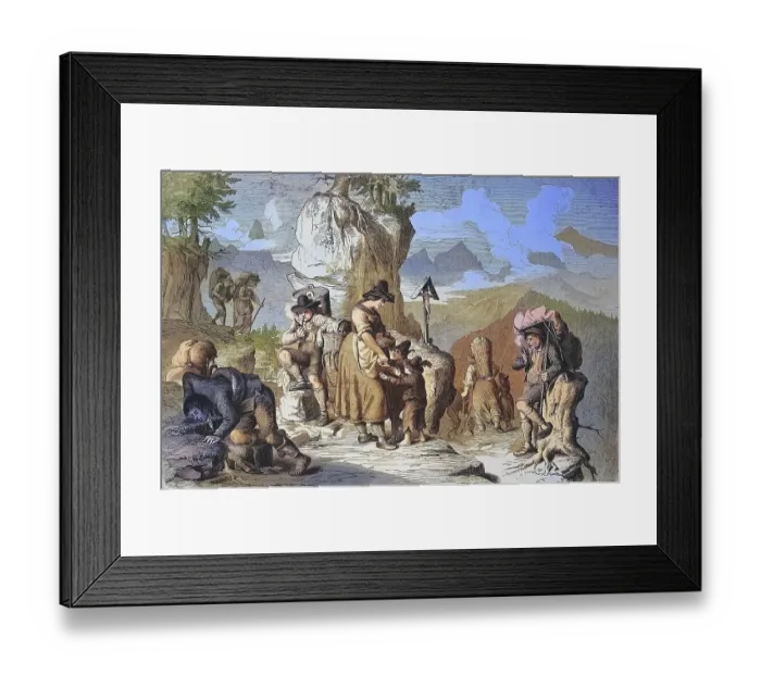 Framed Print : Goods carriers taking a break, on the way on an alpine pass in Tyrol in 1869