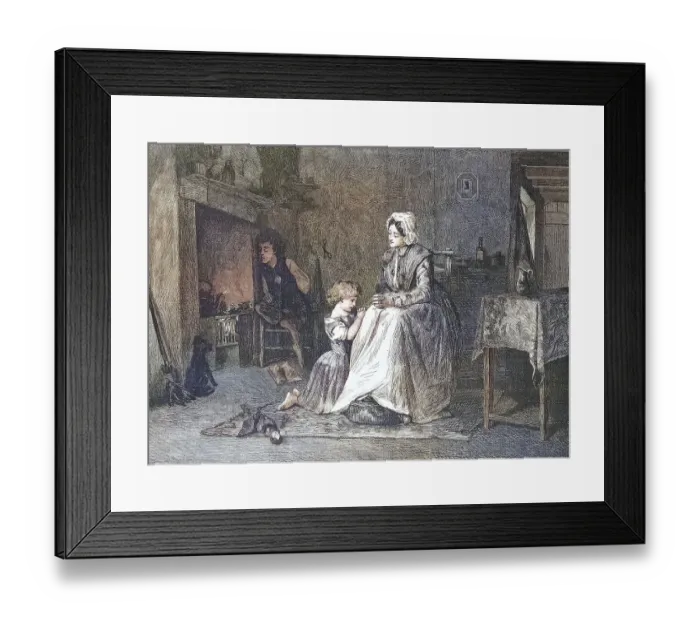 Framed Print : Evening Prayer, Girl prays with her mother in the evening in front of going to bed