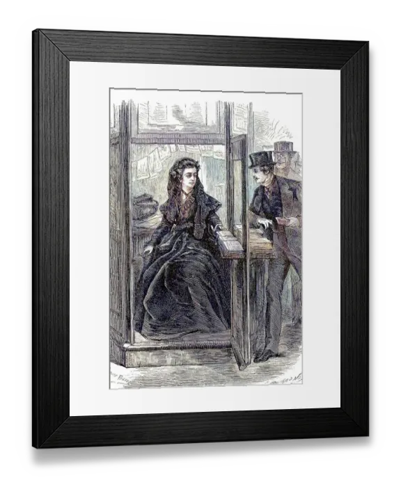 Framed Print : Newspaper seller in a small kiosk in 1869 Framed Print : Newspaper seller in a small kiosk in 1869