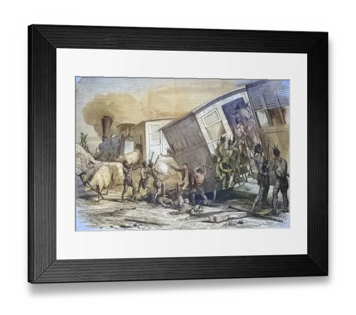 Framed Print : Sioux Indians attacking a train on the Pacific Railroad line in the western United States