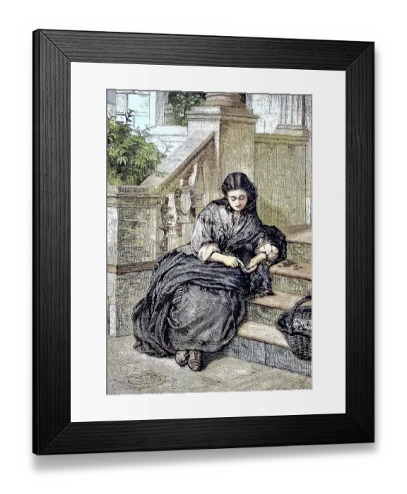 Framed Print : The flower seller sits on a troupe and counts her takings