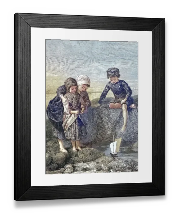 Framed Print : The fisherman's Children Playing by the Sea with a Toy Ship