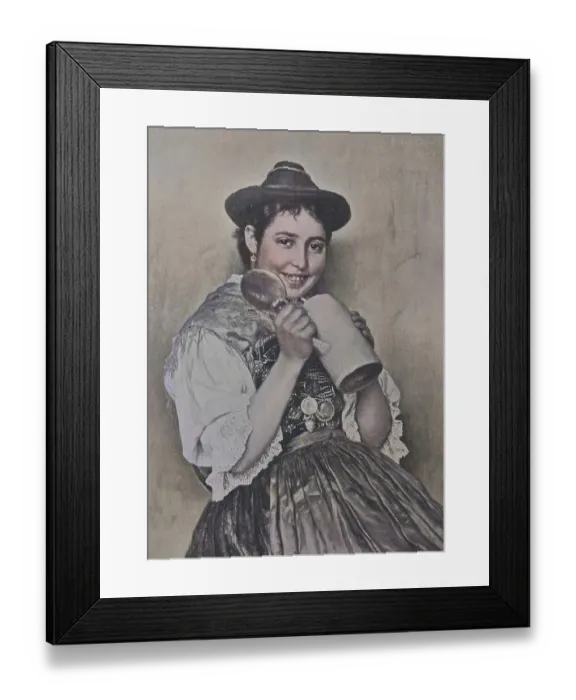 Framed Print : Bavarian woman wearing traditional dirndl and holding a beer stein Framed Print : Bavarian woman wearing traditional dirndl and holding a beer stein